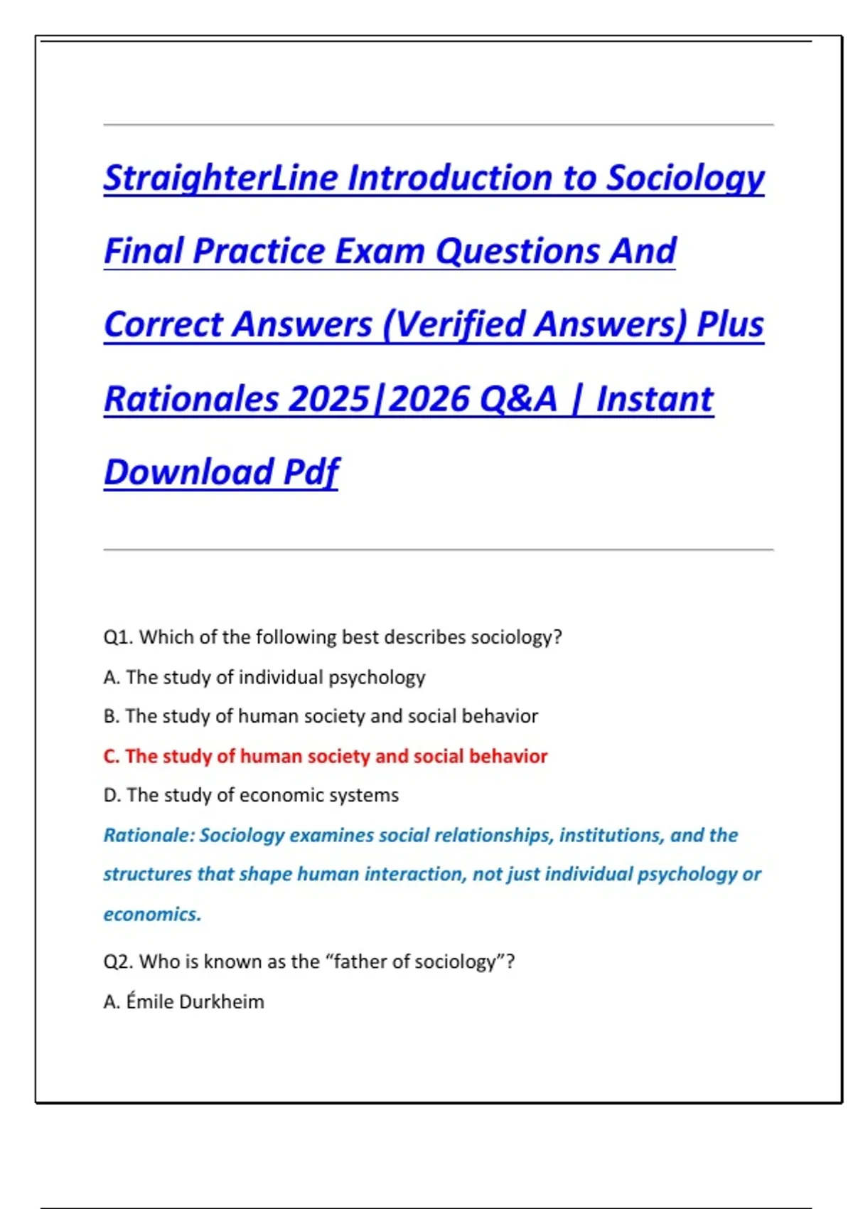 StraighterLine Introduction to Sociology Final Practice Exam Questions ...