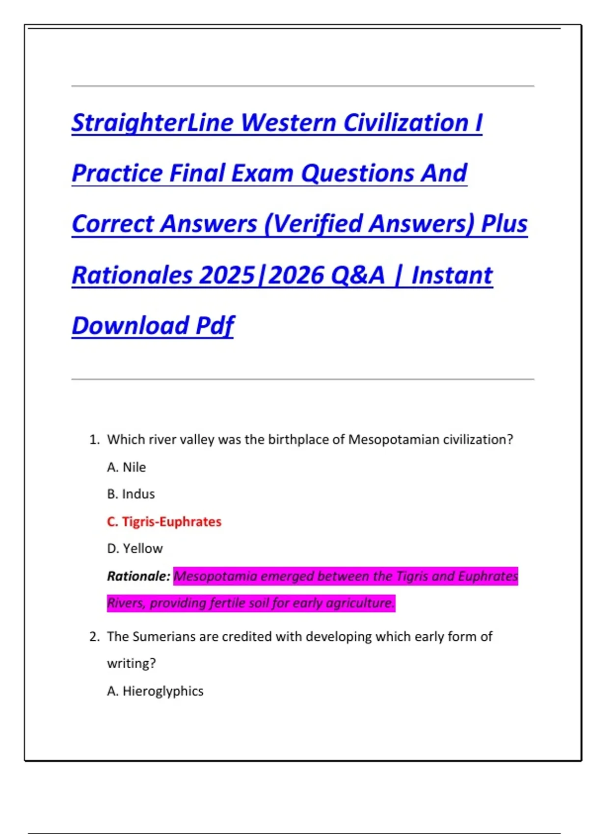 StraighterLine Western Civilization I Practice Final Exam Questions And ...