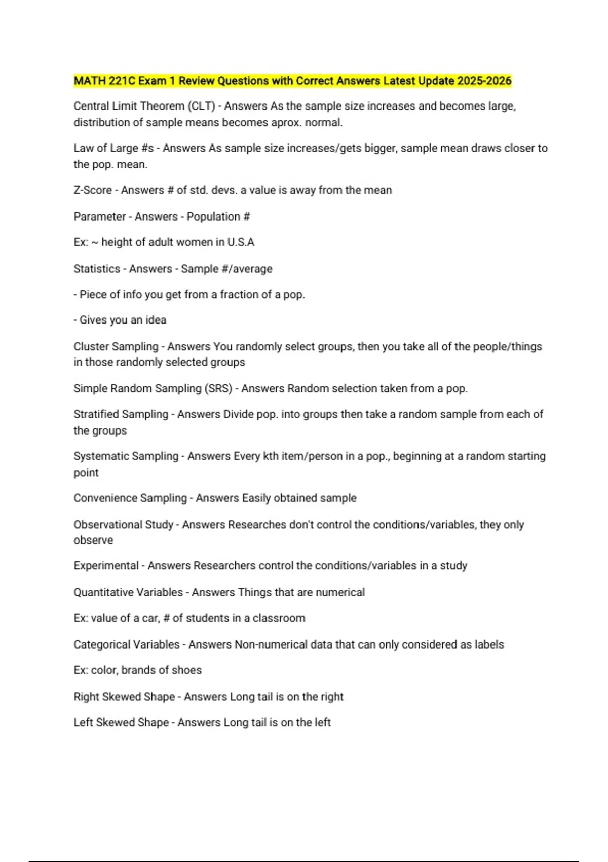 MATH 221C Exam 1 Review Questions with Correct Answers Latest Update ...