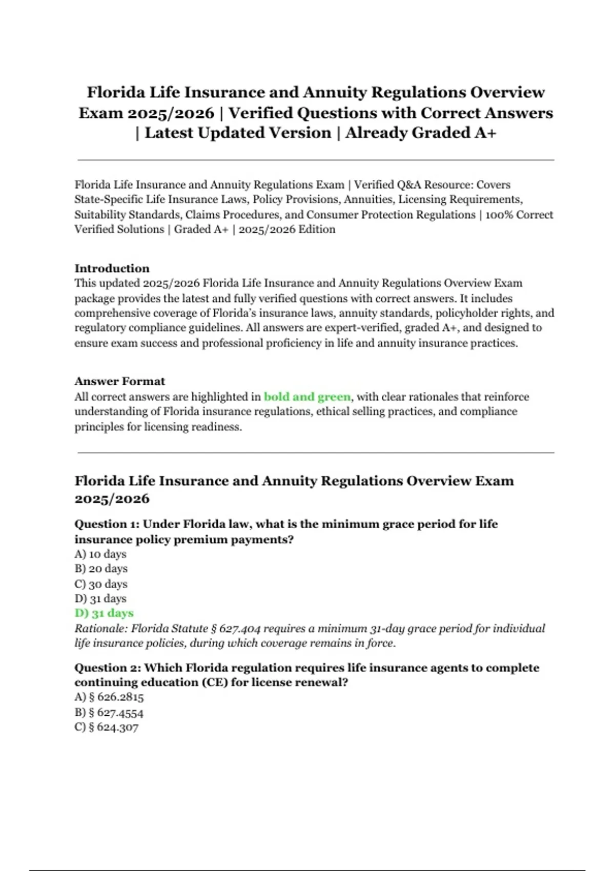 Florida Annuity Example Florida Life Insurance and Annuity Regulations Overview Exam | 2025/ ...