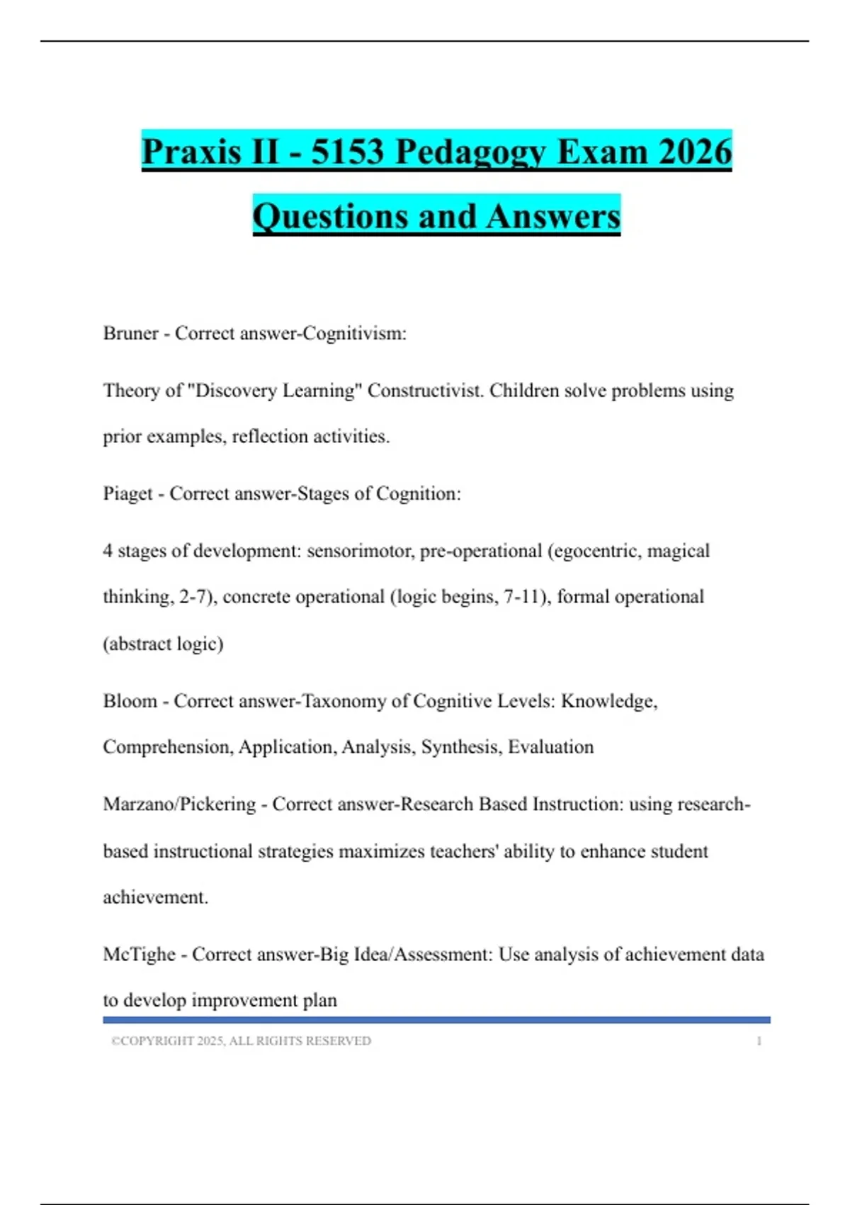 5153 Praxis II - 5153 Pedagogy Exam 2026 Questions and Answers - Indiana ...