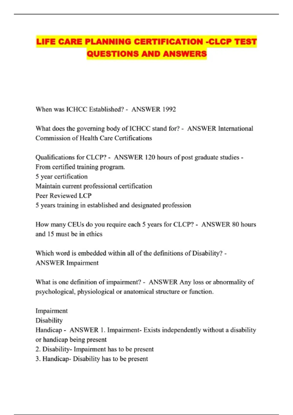 LIFE CARE PLANNING CERTIFICATION -CLCP TEST QUESTIONS AND ANSWERS 2025/ ...