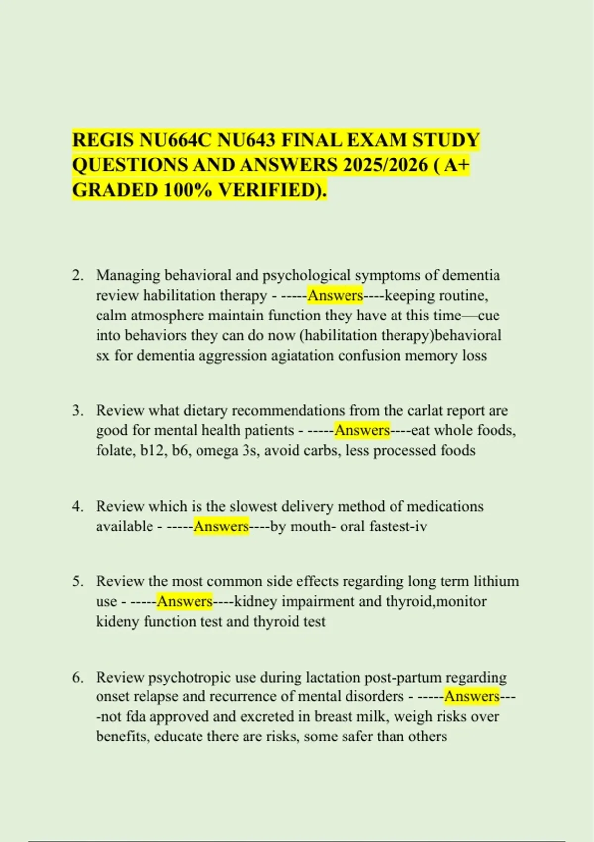 REGIS NU664C NU643 FINAL EXAM STUDY QUESTIONS AND ANSWERS 2025/2026 ...