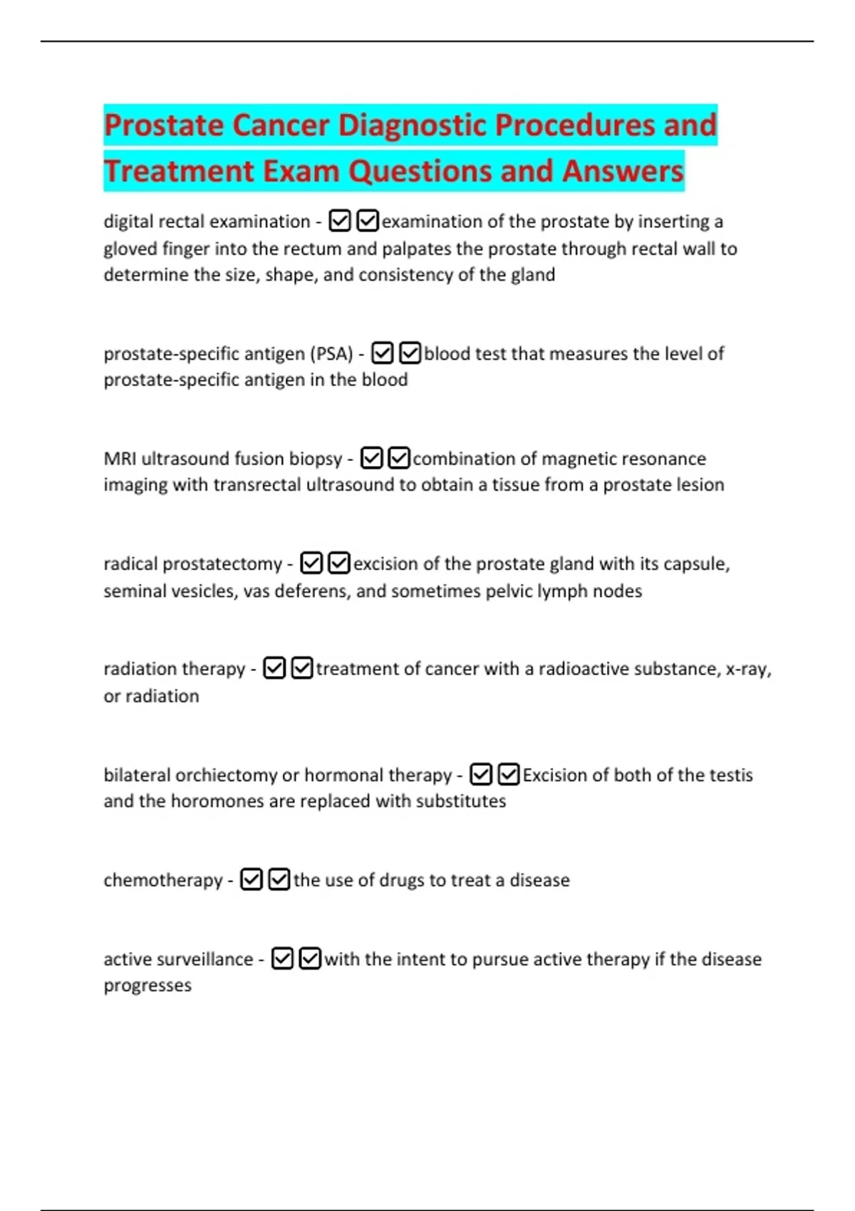 Prostate Questions Pdf Prostate Cancer Diagnostic Procedures and Treatment Exam Questions and ...