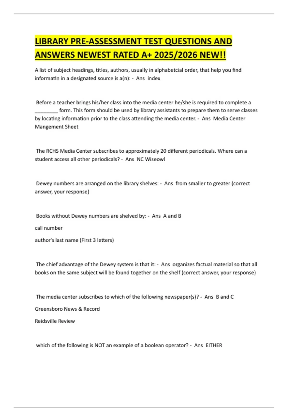 LIBRARY PRE-ASSESSMENT TEST QUESTIONS AND ANSWERS NEWEST RATED A+ 2025/ ...