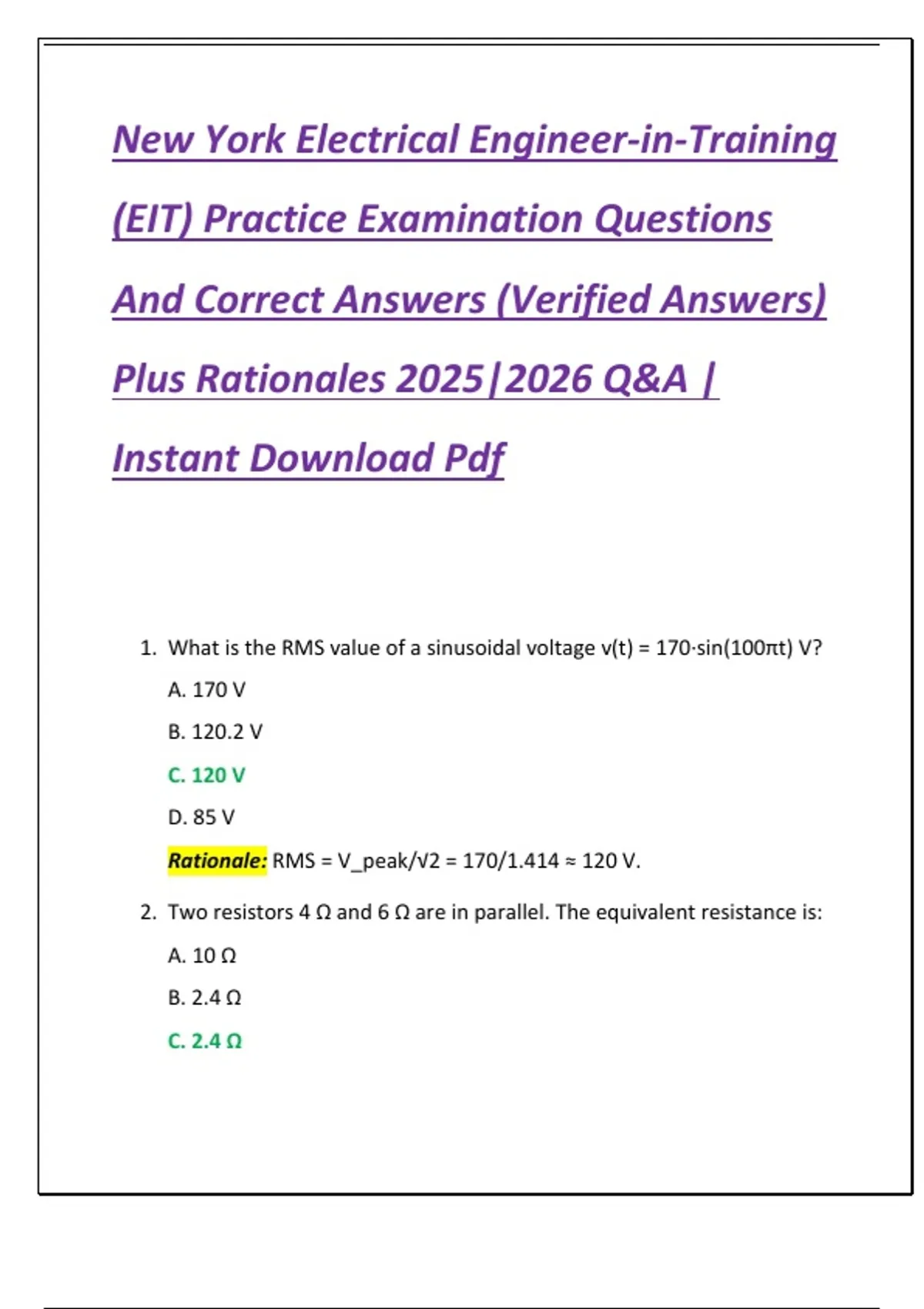 New York Electrical Engineer-in-Training (EIT) Practice Examination Questions And Correct ...