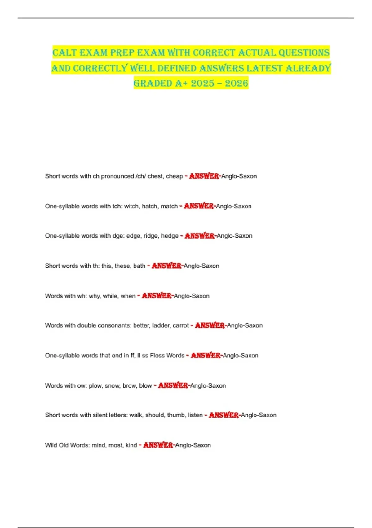 CALT EXAM PREP EXAM WITH CORRECT ACTUAL QUESTIONS AND CORRECTLY WELL ...