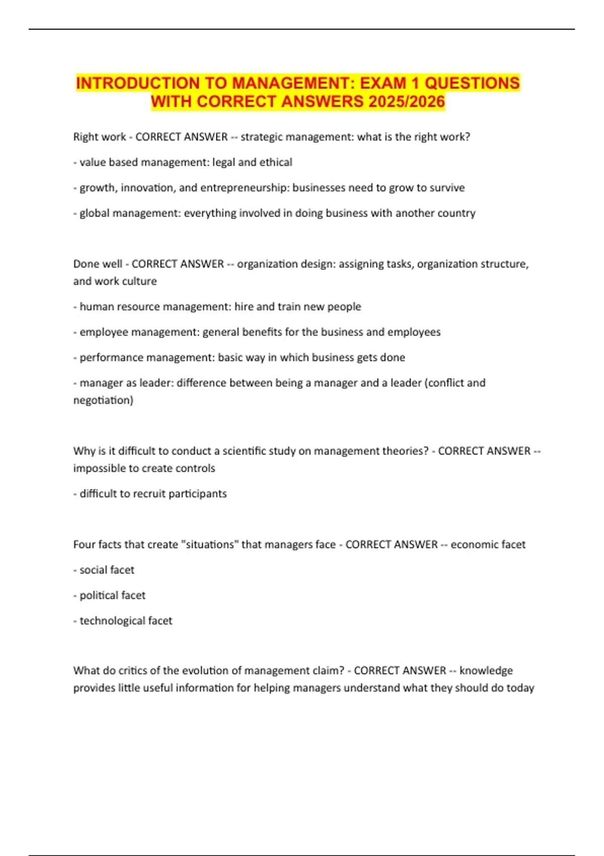 INTRODUCTION TO MANAGEMENT EXAM 1 QUESTIONS WITH CORRECT ANSWERS 2025/ ...