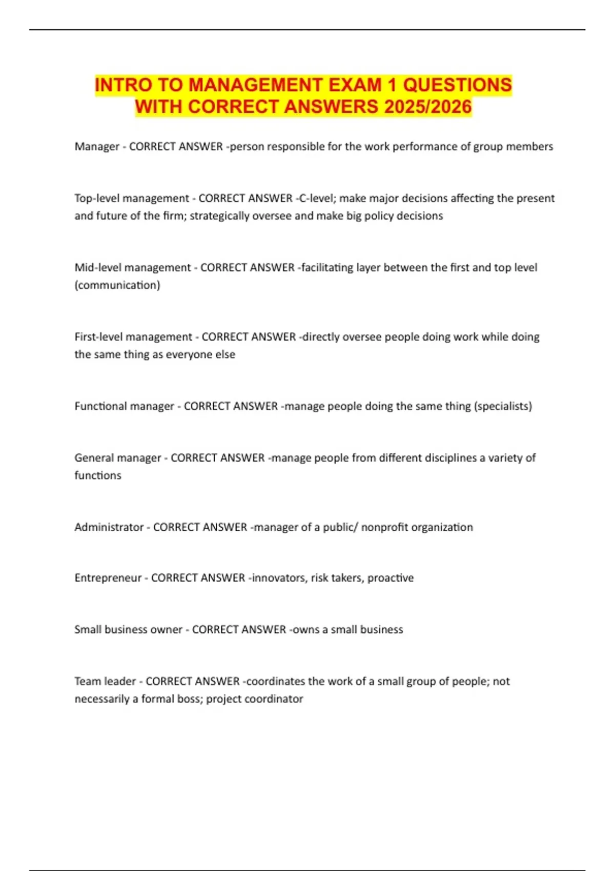 INTRO TO MANAGEMENT EXAM 1 QUESTIONS WITH CORRECT ANSWERS 2025/2026 ...