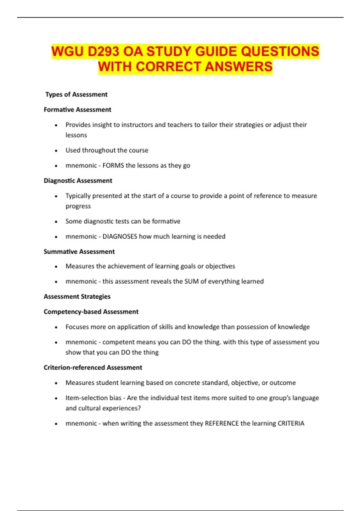 WGU D293 OA STUDY GUIDE QUESTIONS WITH CORRECT ANSWERS - D293 - Stuvia US