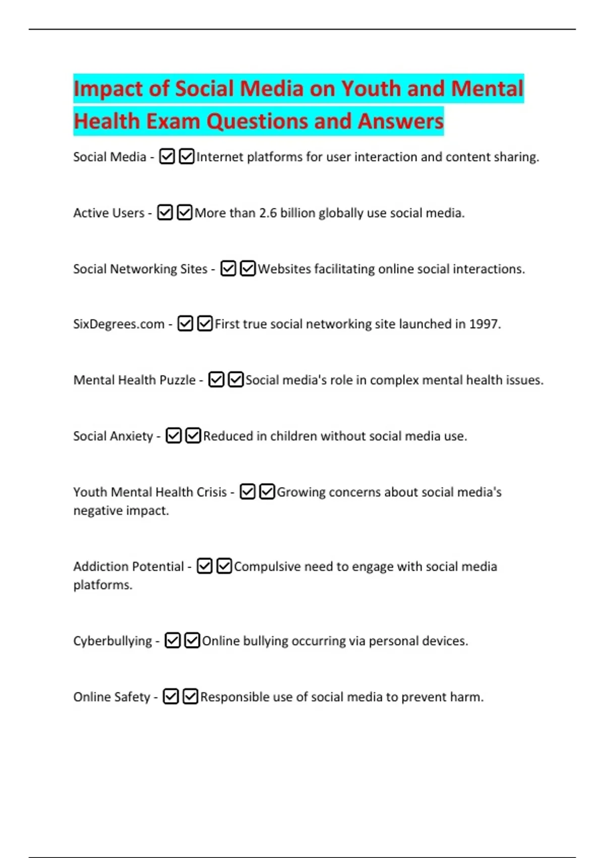 Impact of Social Media on Youth and Mental Health Exam Questions and ...