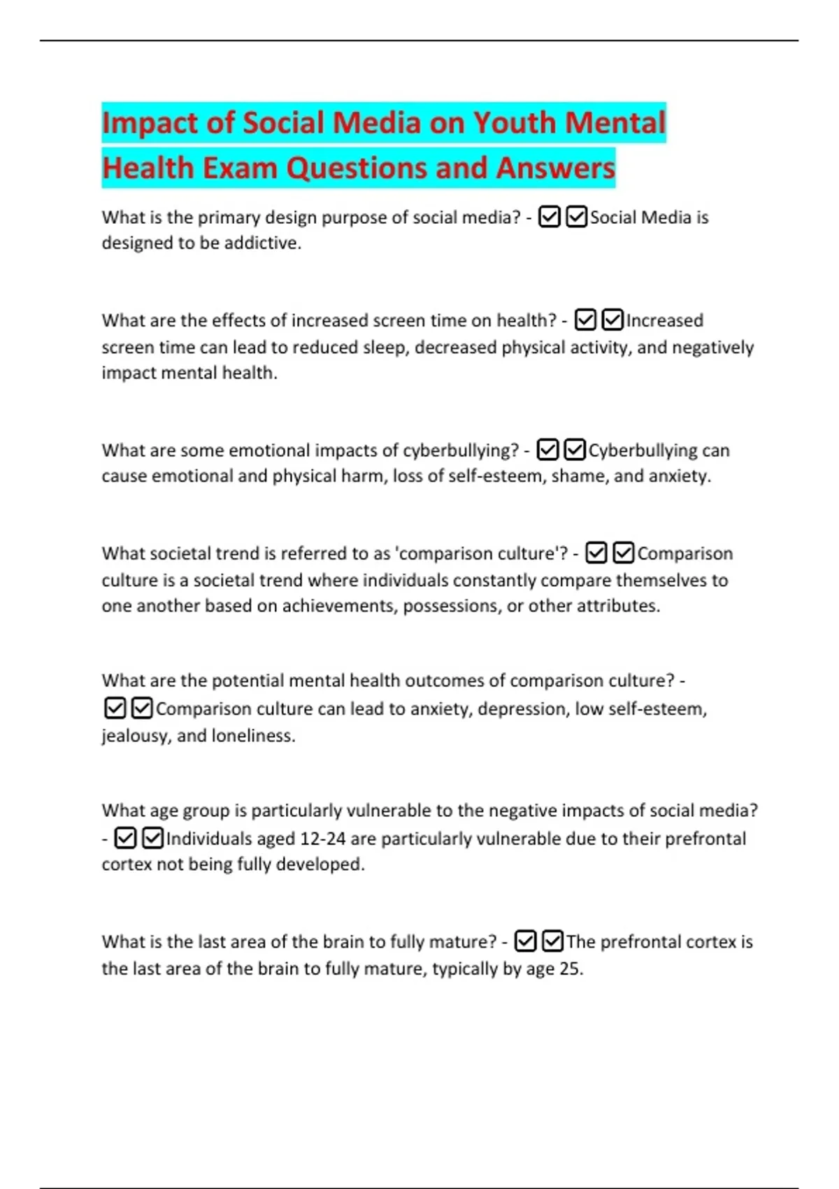 Impact of Social Media on Youth Mental Health Exam Questions and ...