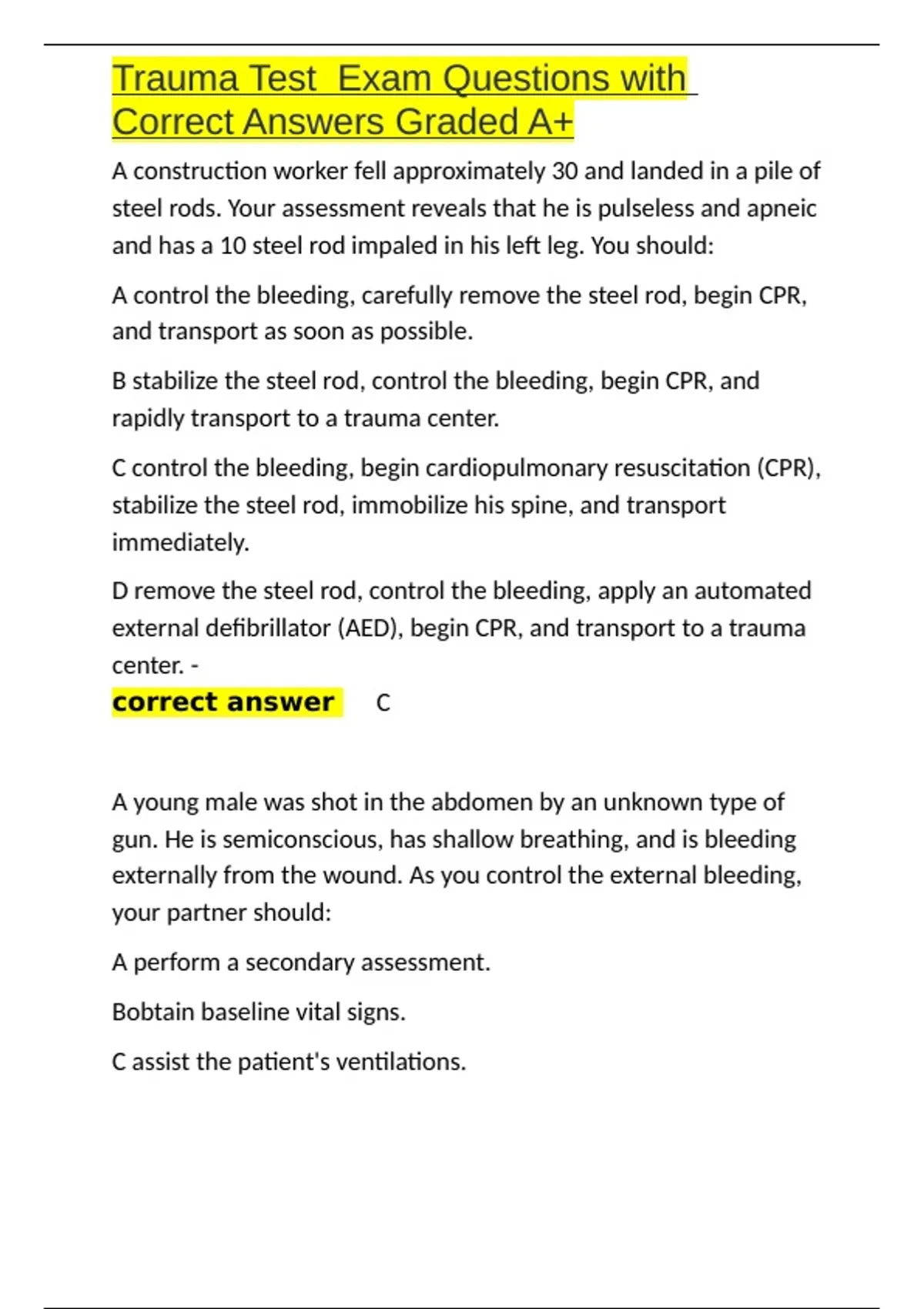Trauma Test Exam Questions with Correct Answers Graded A+.docx - 2026 ...