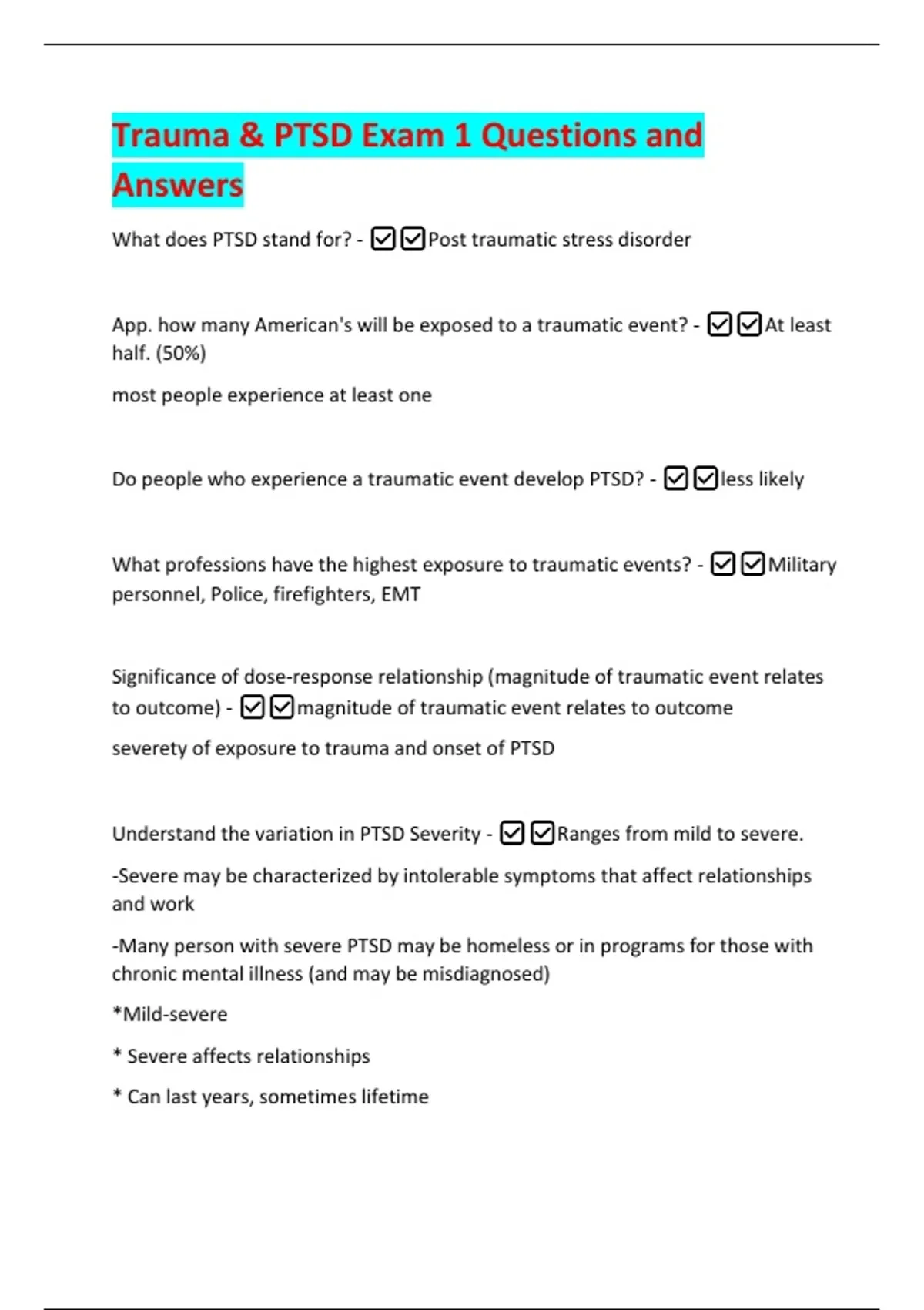 Trauma &amp; PTSD Exam 1 Questions and Answers - Trauma and PTSD - Stuvia US