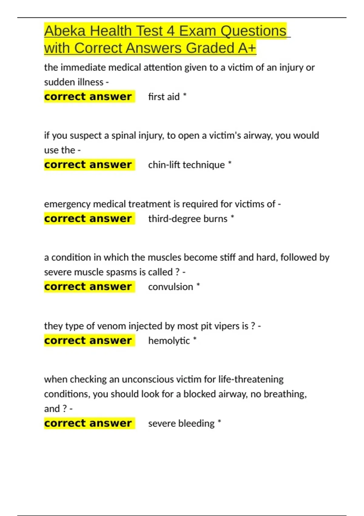 Abeka Health Test 4 Exam Questions with Correct Answers Graded A+.docx ...