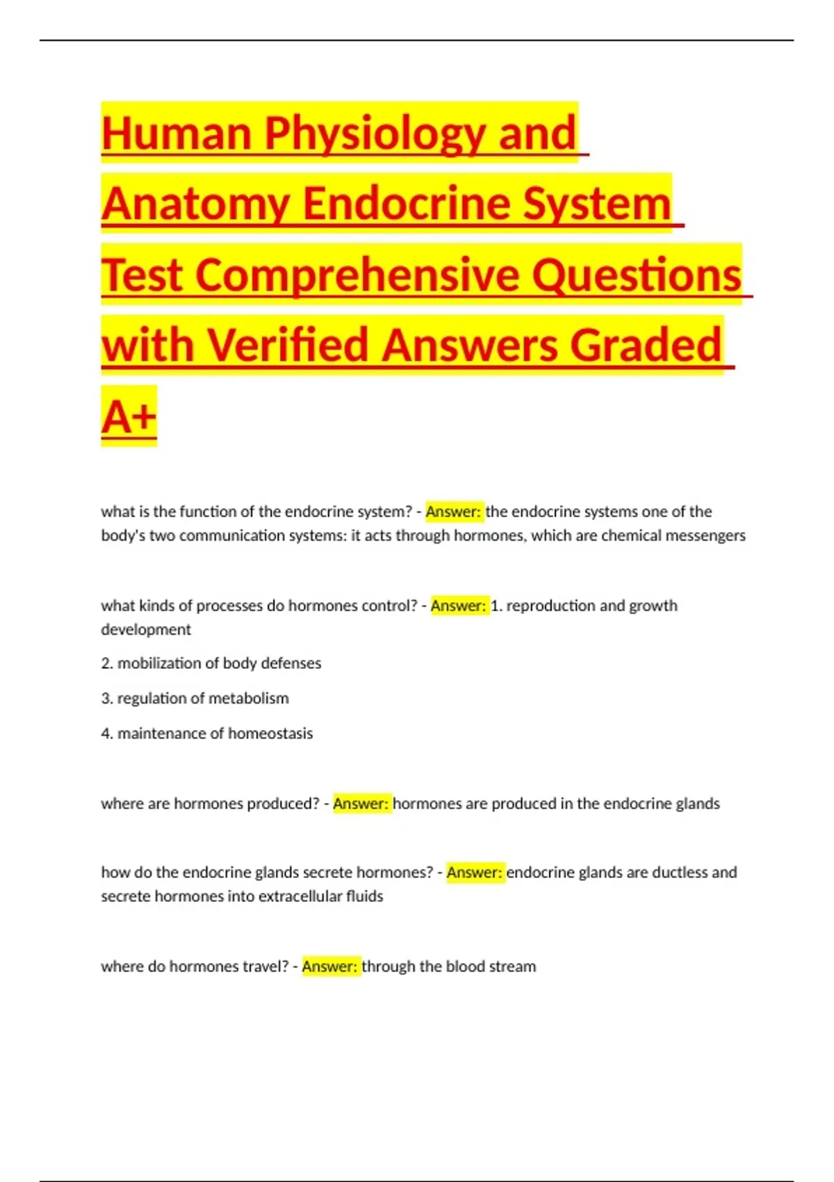 Human Physiology and Anatomy Endocrine System Test Comprehensive ...