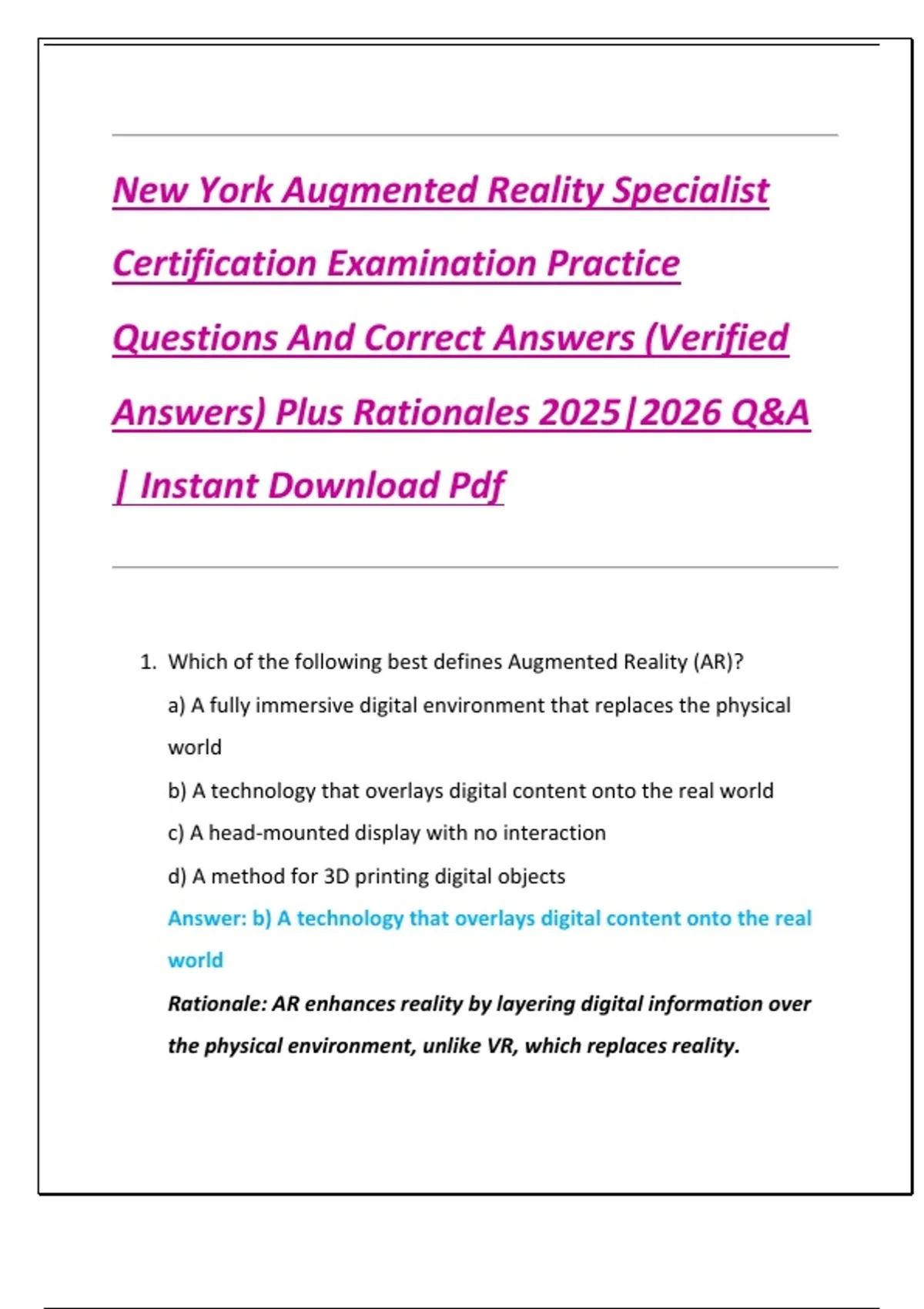 New York Augmented Reality Specialist Certification Examination ...