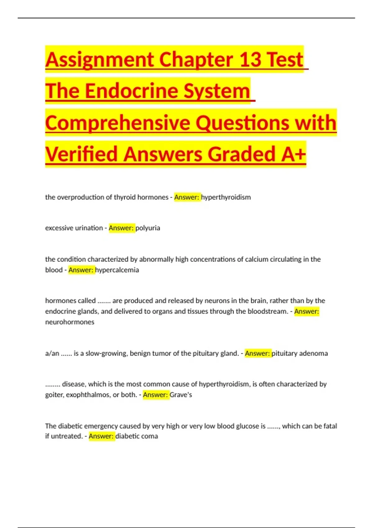 Assignment Chapter 13 Test The Endocrine System Comprehensive Questions ...