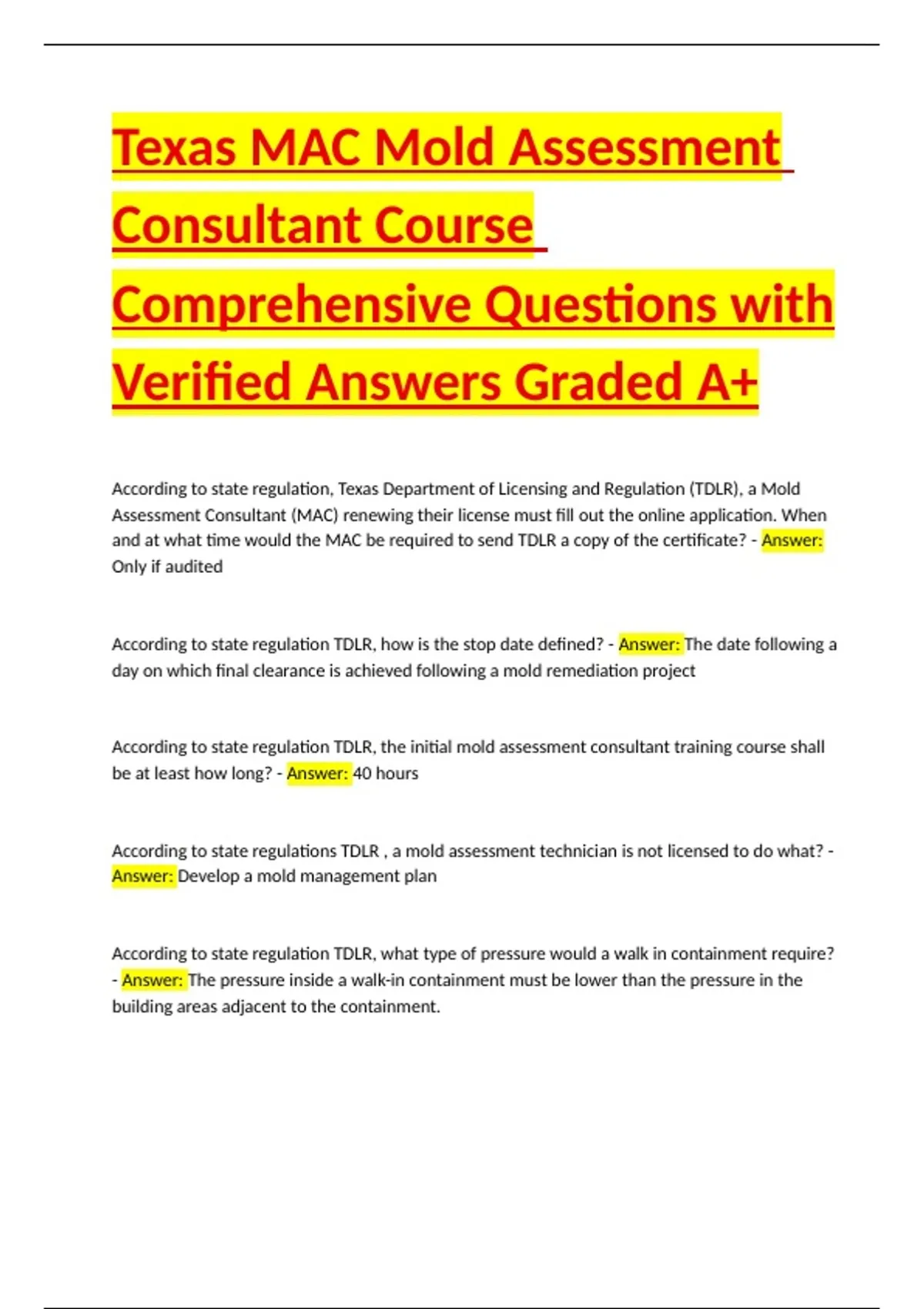 Texas Mold Assessment Consultant (MAC) State Exam Comprehensive ...