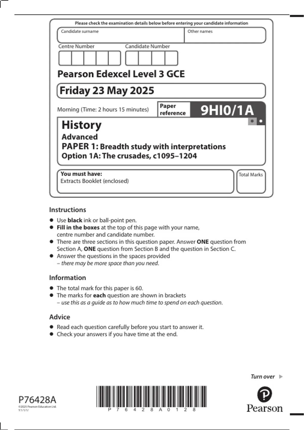 PEARSON EDEXCEL A LEVEL HISTORY PAPER 1A QUESTION PAPER 2025 (9HI0/1A ...