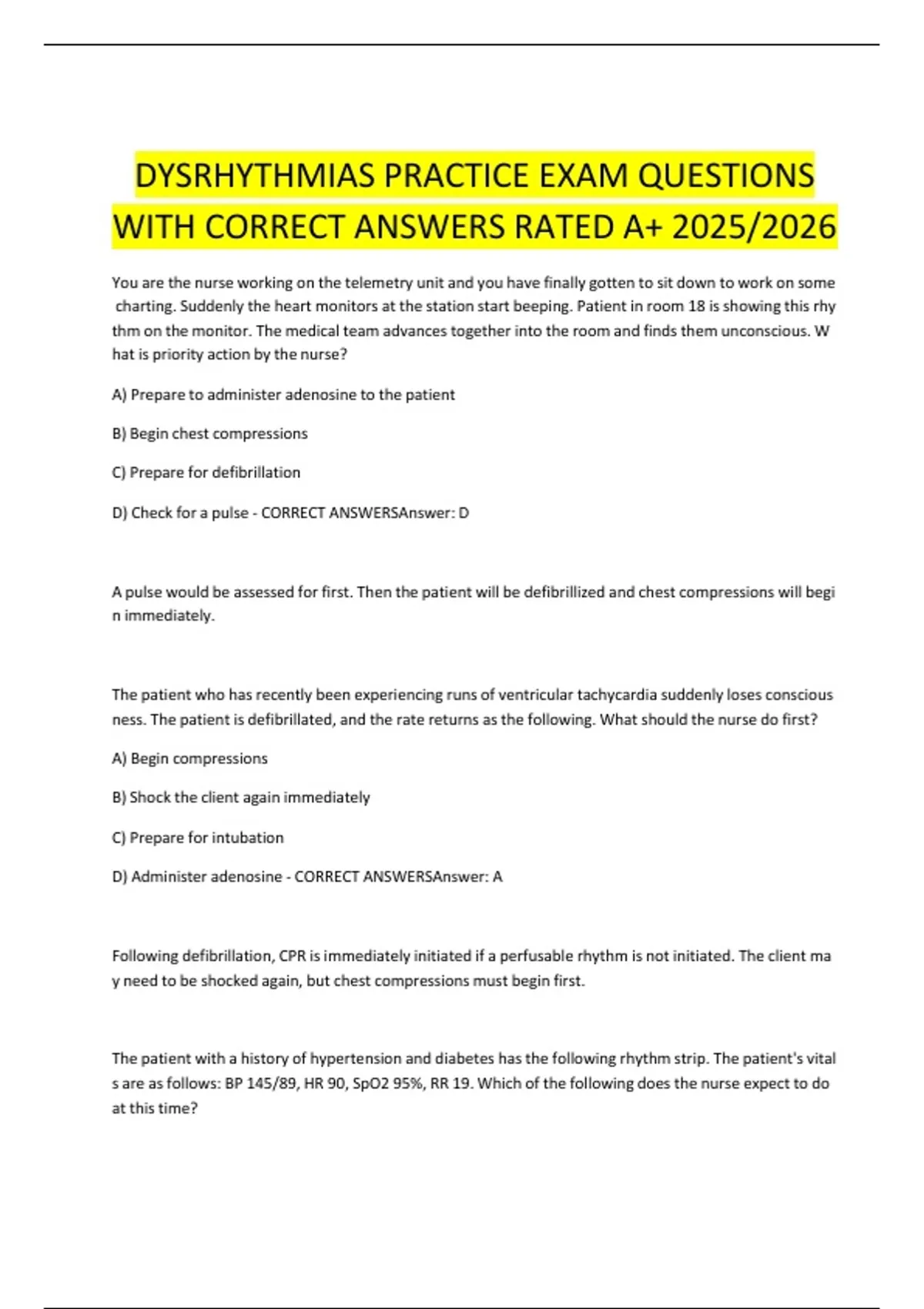 DYSRHYTHMIAS PRACTICE EXAM QUESTIONS WITH CORRECT ANSWERS RATED A+ ...
