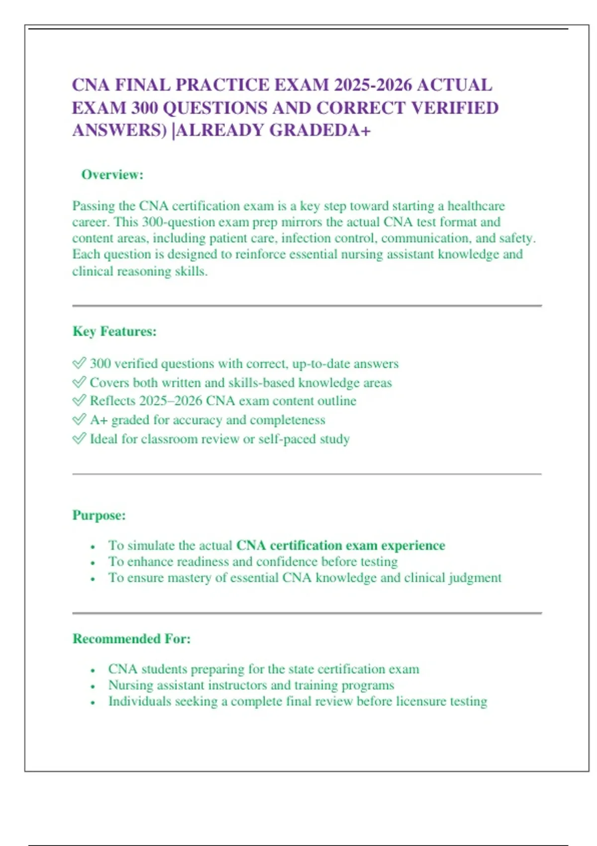 CNA FINAL PRACTICE EXAM ACTUAL EXAM 300 QUESTIONS AND CORRECT VERIFIED ...