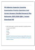 PA Asbestos Inspector Licensing  Examination Practice Questions And  Correct Answers &lpar;Verified Answers&rpar; Plus  Rationales 2025&vert;2026 Q&A &vert; Instant  Download Pdf