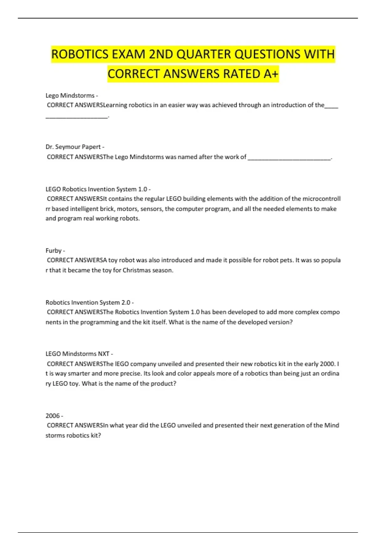 Ap Robot Example Questions ROBOTICS EXAM 2ND QUARTER QUESTIONS WITH CORRECT ANSWERS RATED ...