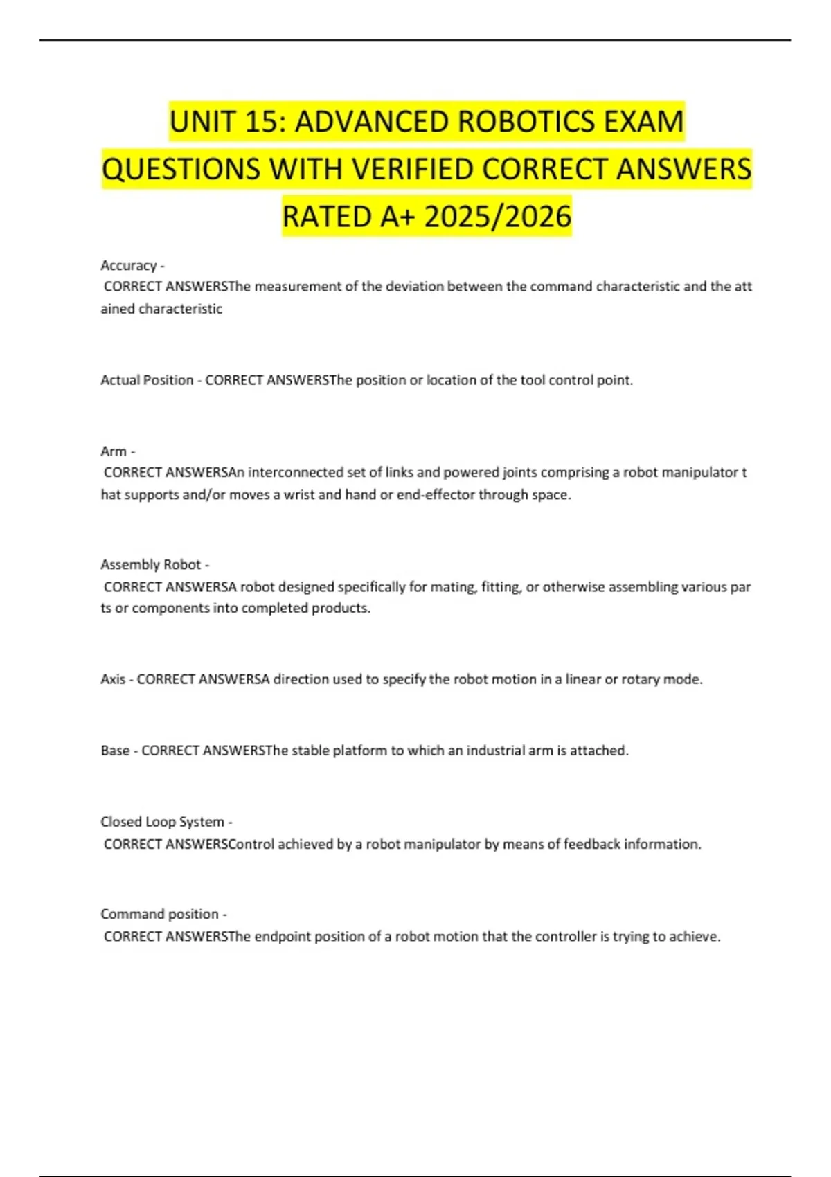 Ap Robot Example Questions UNIT 15 ADVANCED ROBOTICS EXAM QUESTIONS WITH VERIFIED CORRECT ANSWERS ...
