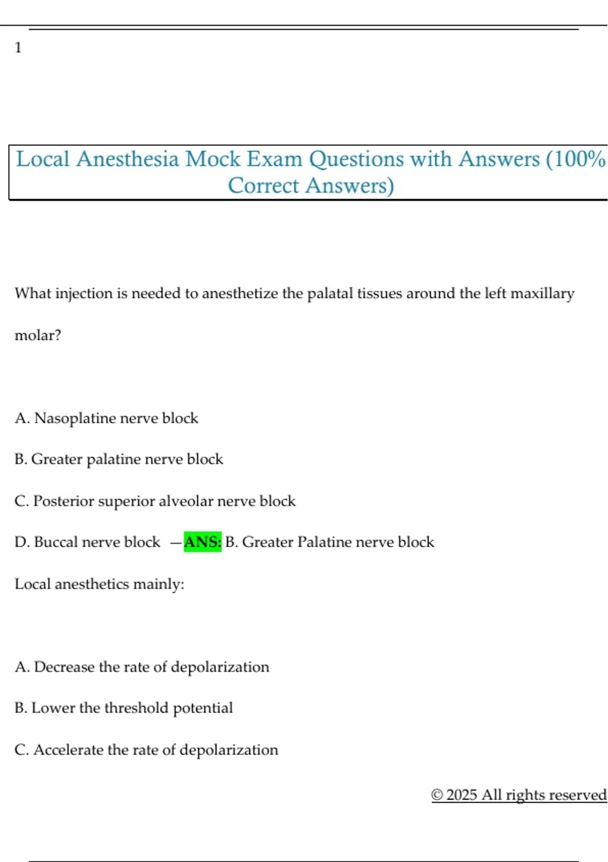Local Anesthesia Mock Exam Questions with Answers (100% Correct Answers ...