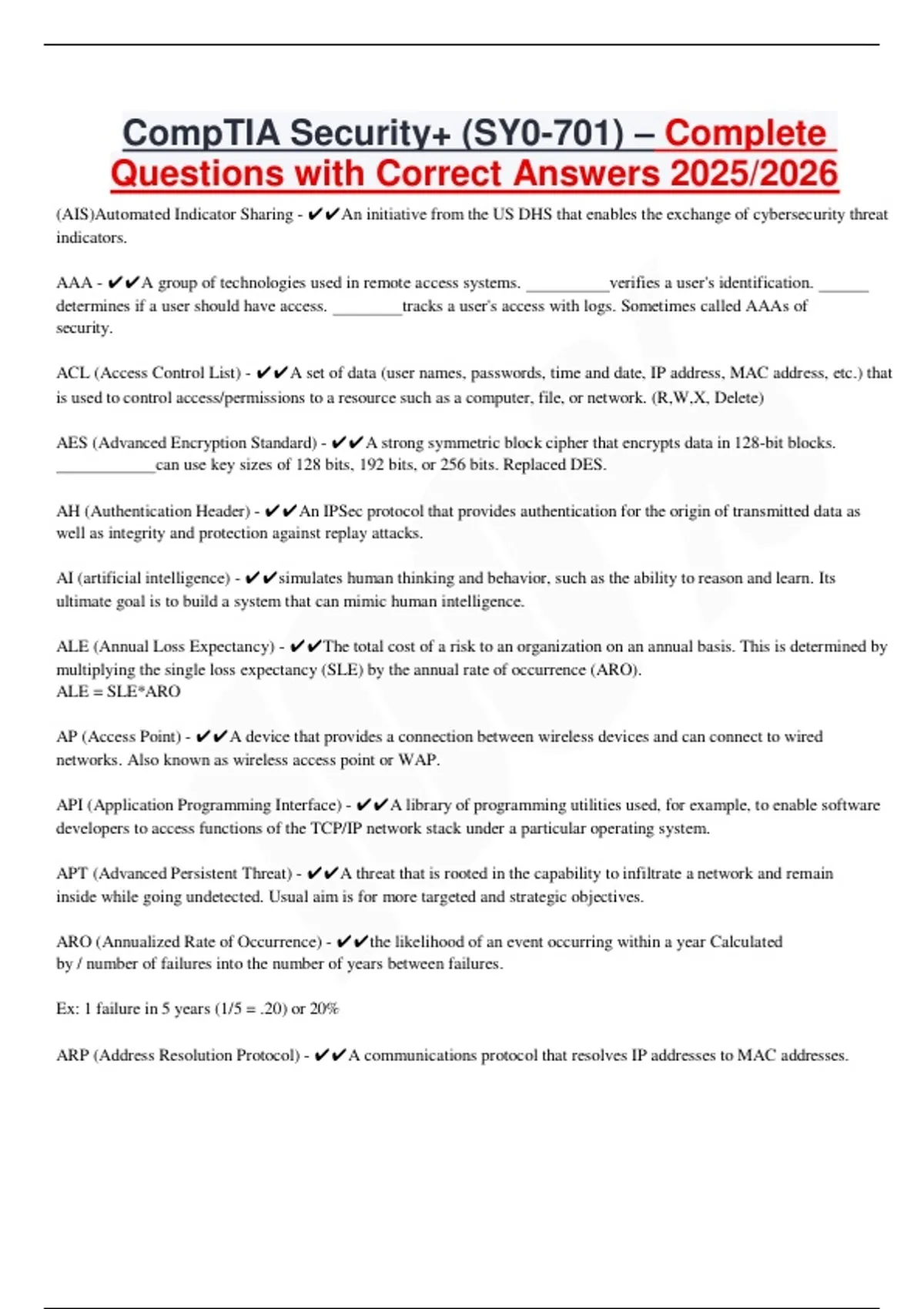 CompTIA Security+ (SY0-701) – Complete Questions with Correct Answers ...