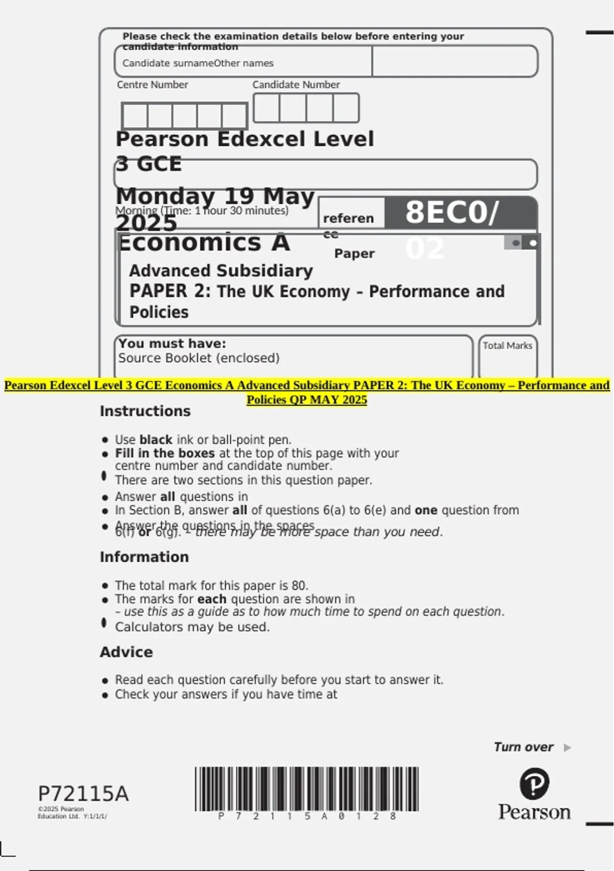 Pearson Edexcel Level 3 GCE Economics A Advanced Subsidiary PAPER 2 ...