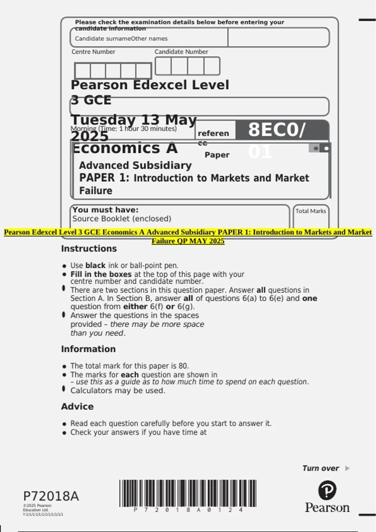 Pearson Edexcel Level 3 GCE Economics A Advanced Subsidiary PAPER 1 ...
