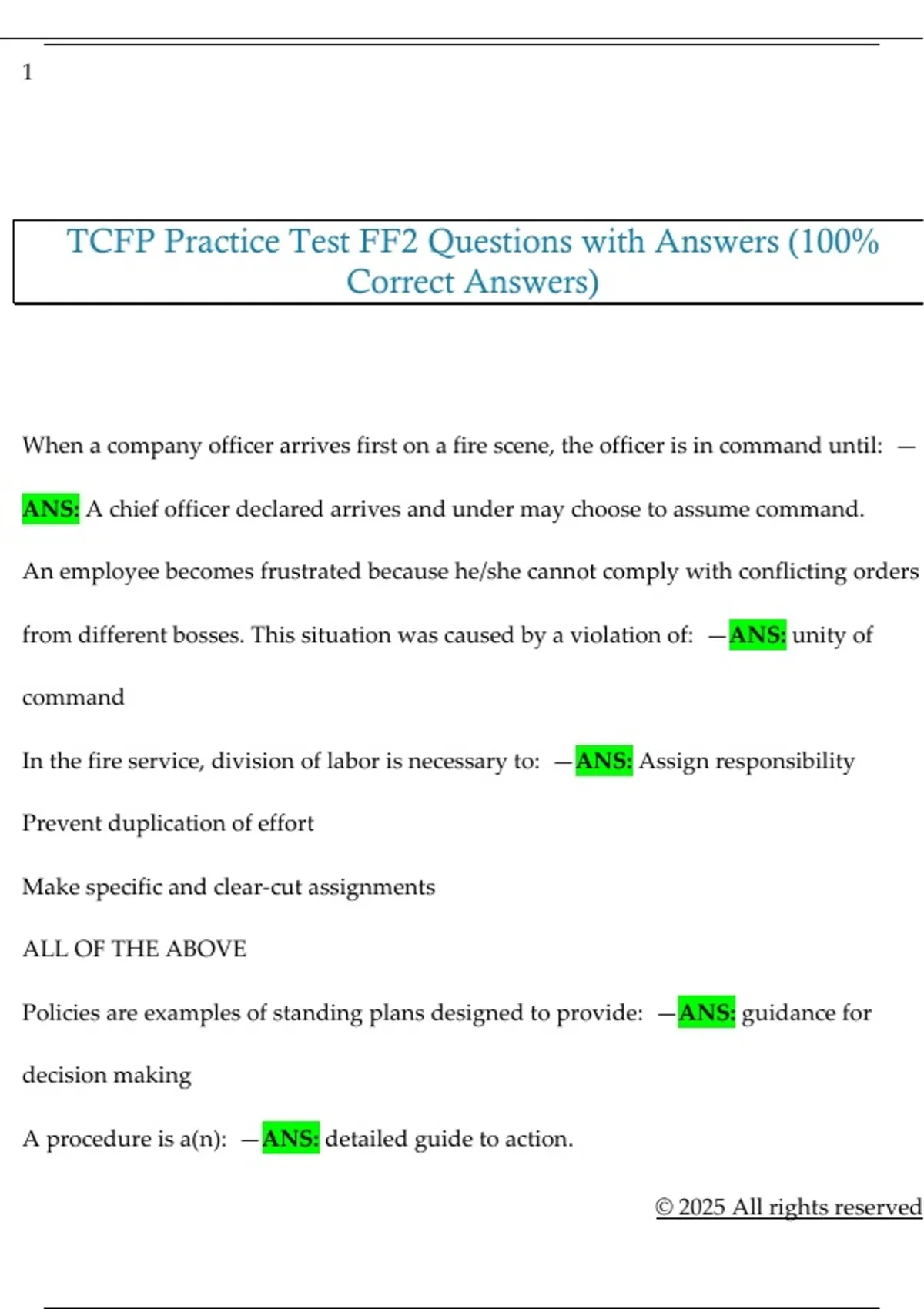 Tcf Questions TCFP Practice Test FF2 Questions with Answers (100% Correct Answers ...