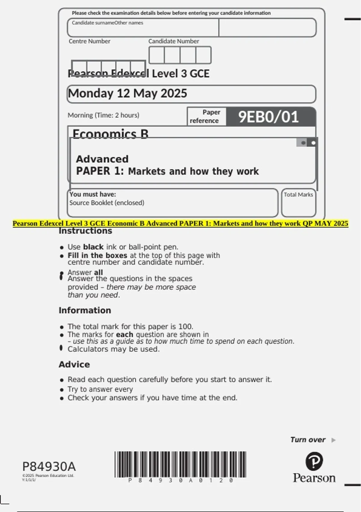Pearson Edexcel Level 3 GCE Economic B Advanced PAPER 1: Markets and ...