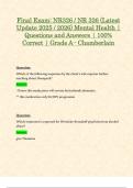 Final Exam&colon; NR326 &sol; NR 326 &lpar;Latest Update 2025 &sol; 2026&rpar; Mental Health &vert; Questions and Answers &vert; 100&percnt; Correct &vert; Grade A - Chamberlain
