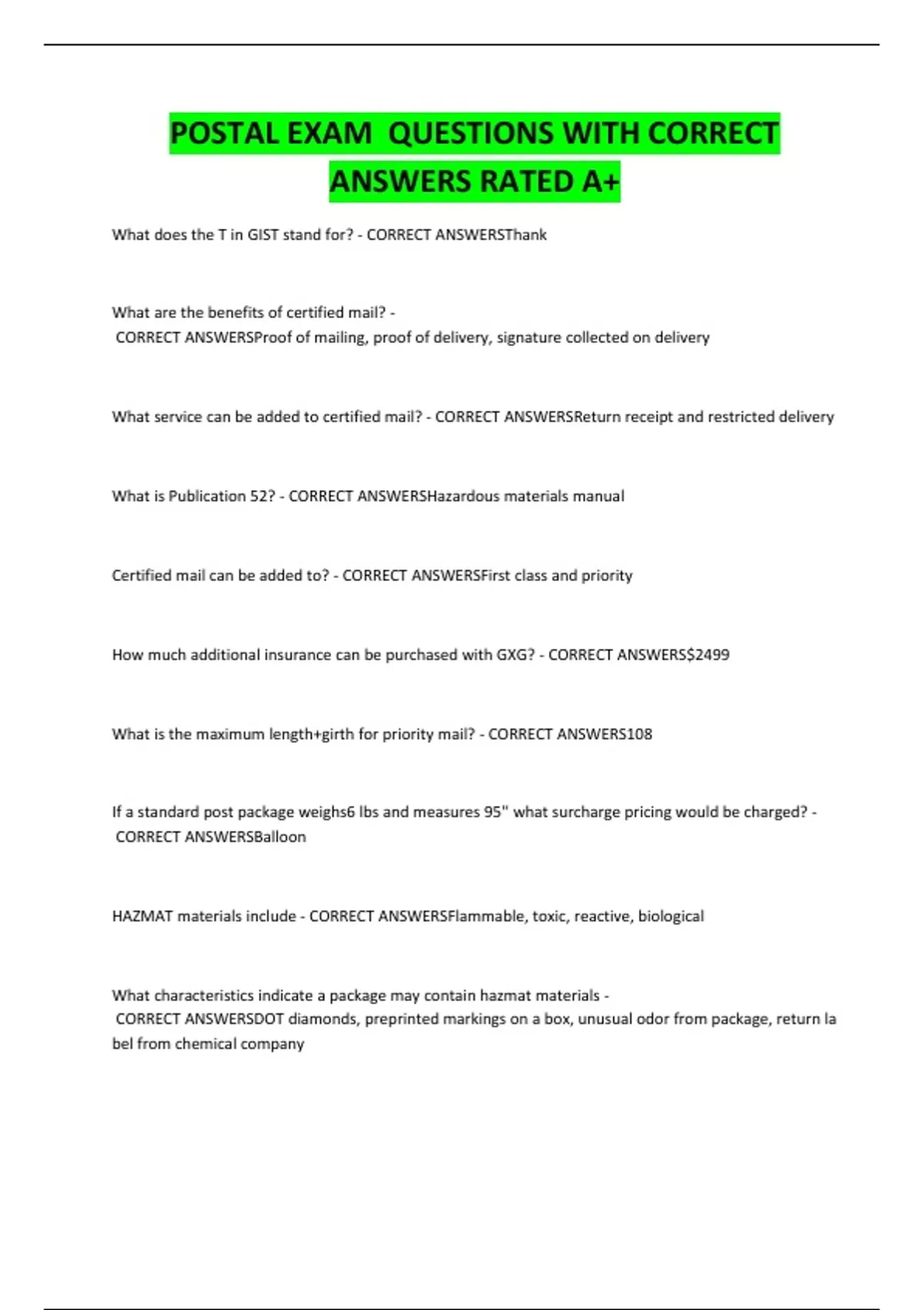 POSTAL EXAM QUESTIONS WITH CORRECT ANSWERS RATED A. - USPS - Stuvia US