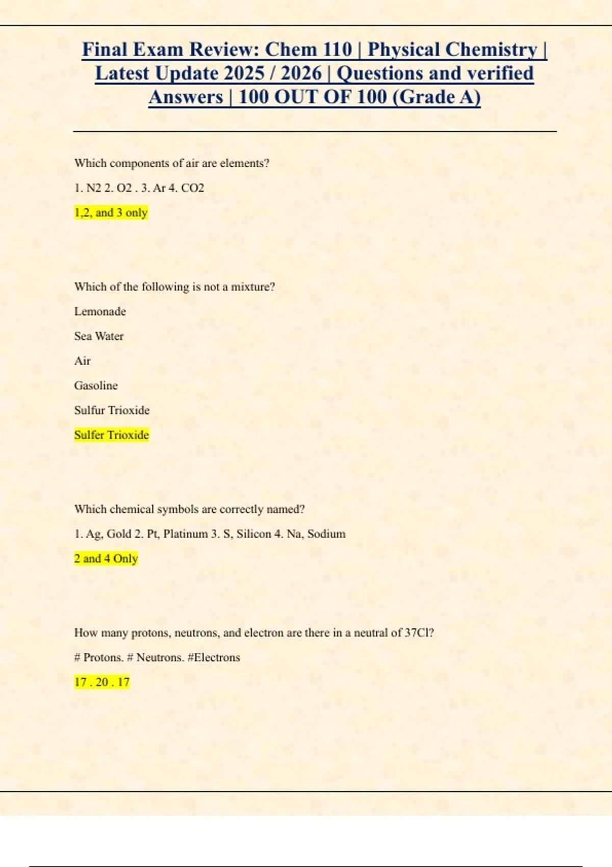 Final Exam Review: Chem 110 | Physical Chemistry | Latest Update 2025 / ...