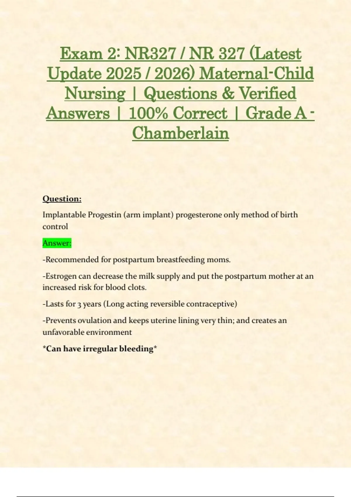Exam 2: NR327 / NR 327 (Latest Update 2025 / 2026) Maternal-Child ...