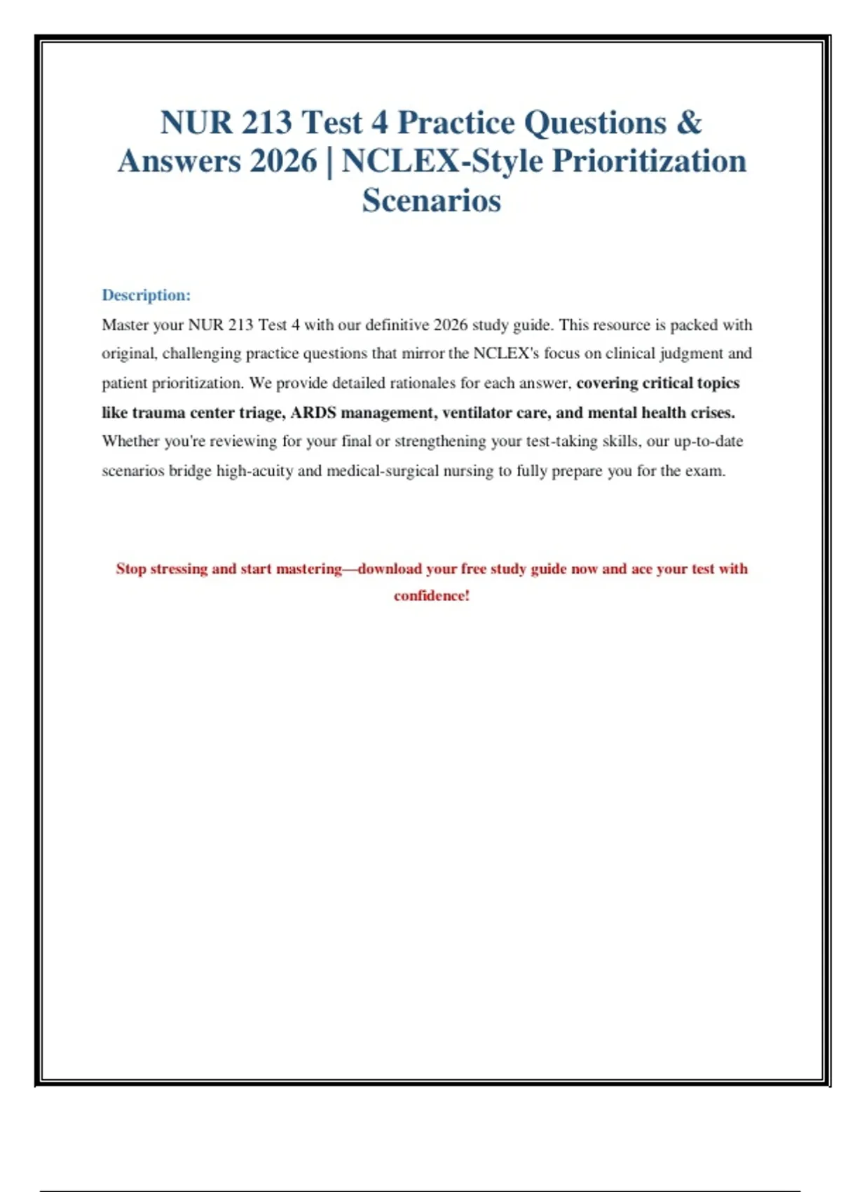 NUR 213 Test 4 Practice Questions & Answers (2026) - NUR 213 4 - Stuvia US