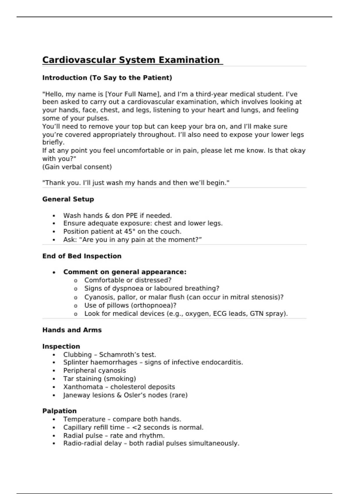 Summary Complete Cardiovascular System Examination – OSCE Format ...