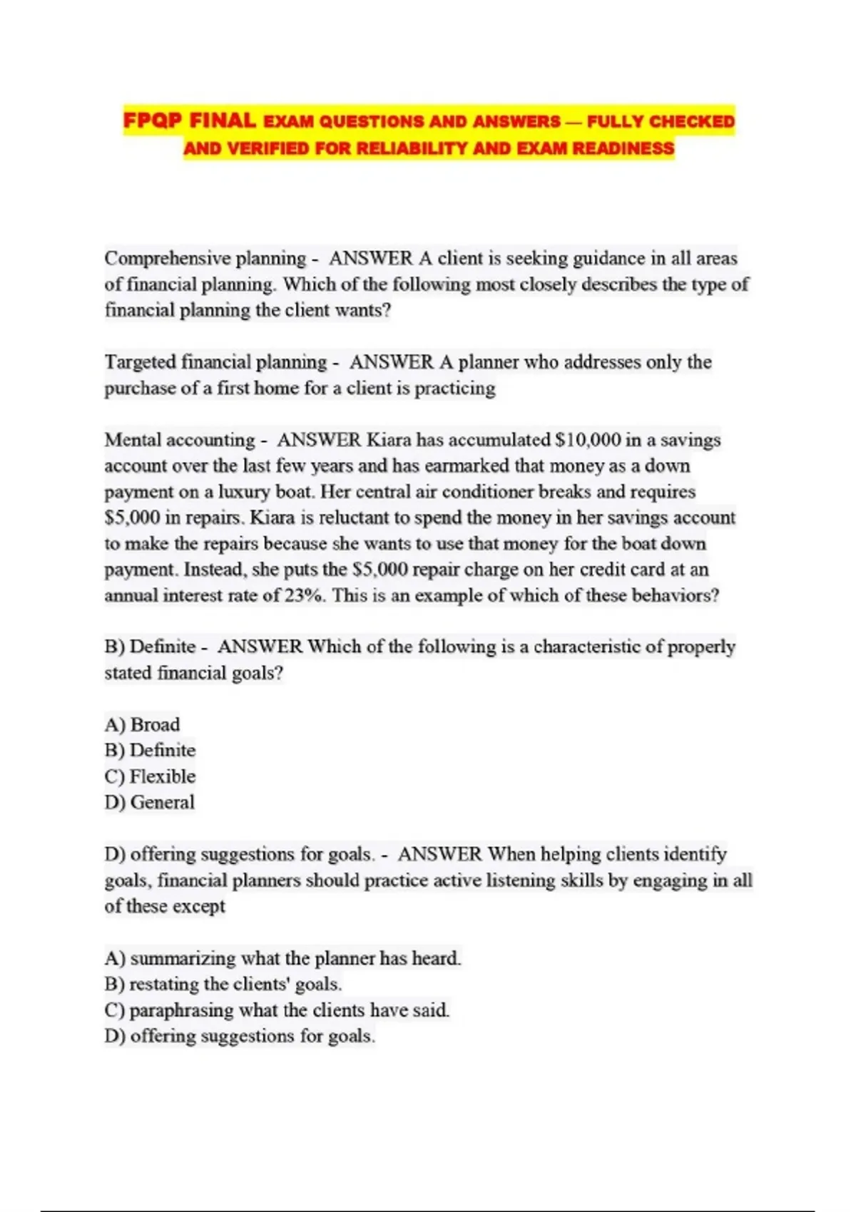 FPQP FINAL EXAM QUESTIONS AND ANSWERS — FULLY CHECKED AND VERIFIED FOR ...