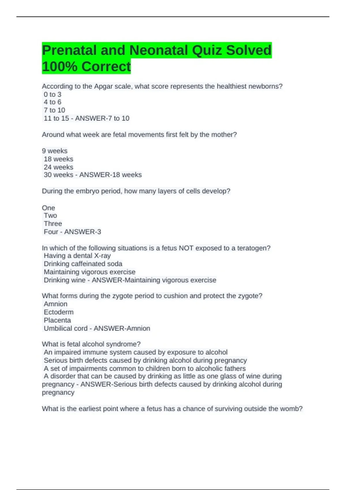 Prenatal and Neonatal Quiz Solved 100% Correct - Prenatal and Neonatal ...