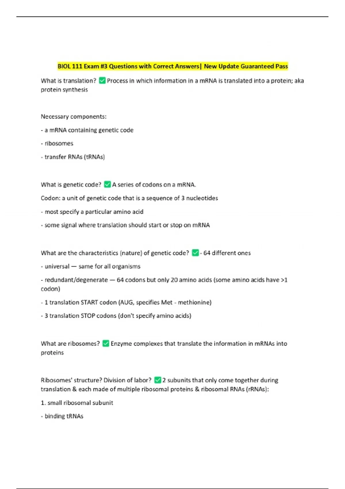 BIOL 111 Exam #3 Questions with Correct Answers| New Update Guaranteed ...