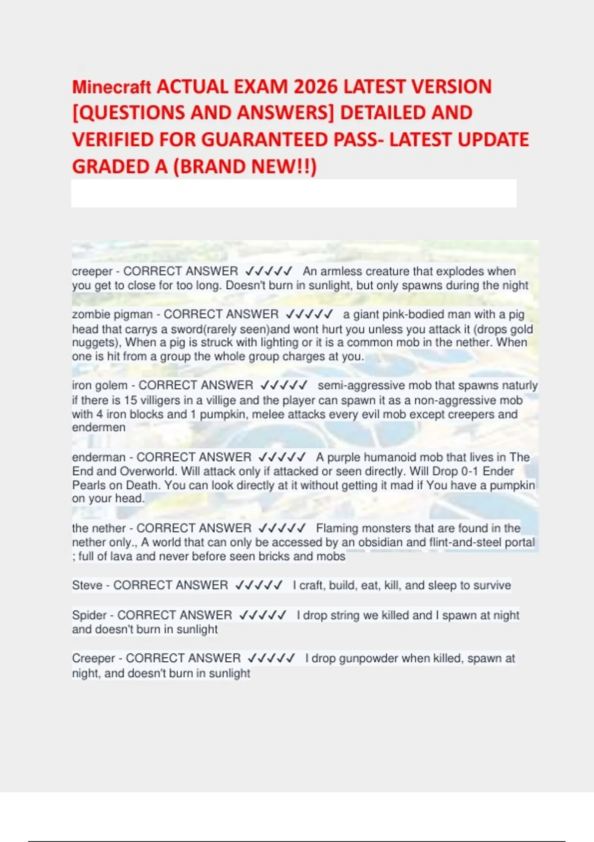 Minecraft Test Answers Minecraft ACTUAL EXAM 2026 LATEST VERSION [QUESTIONS AND ANSWERS ...
