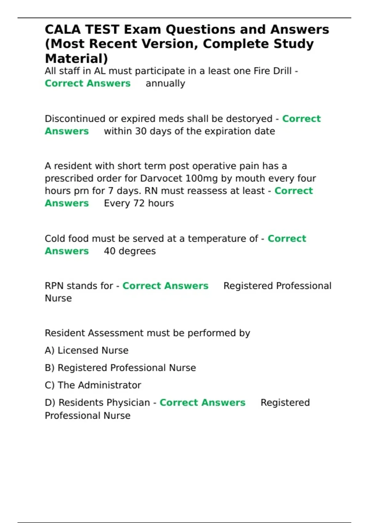 CALA TEST Exam Questions and Answers (Most Recent Version, Complete ...