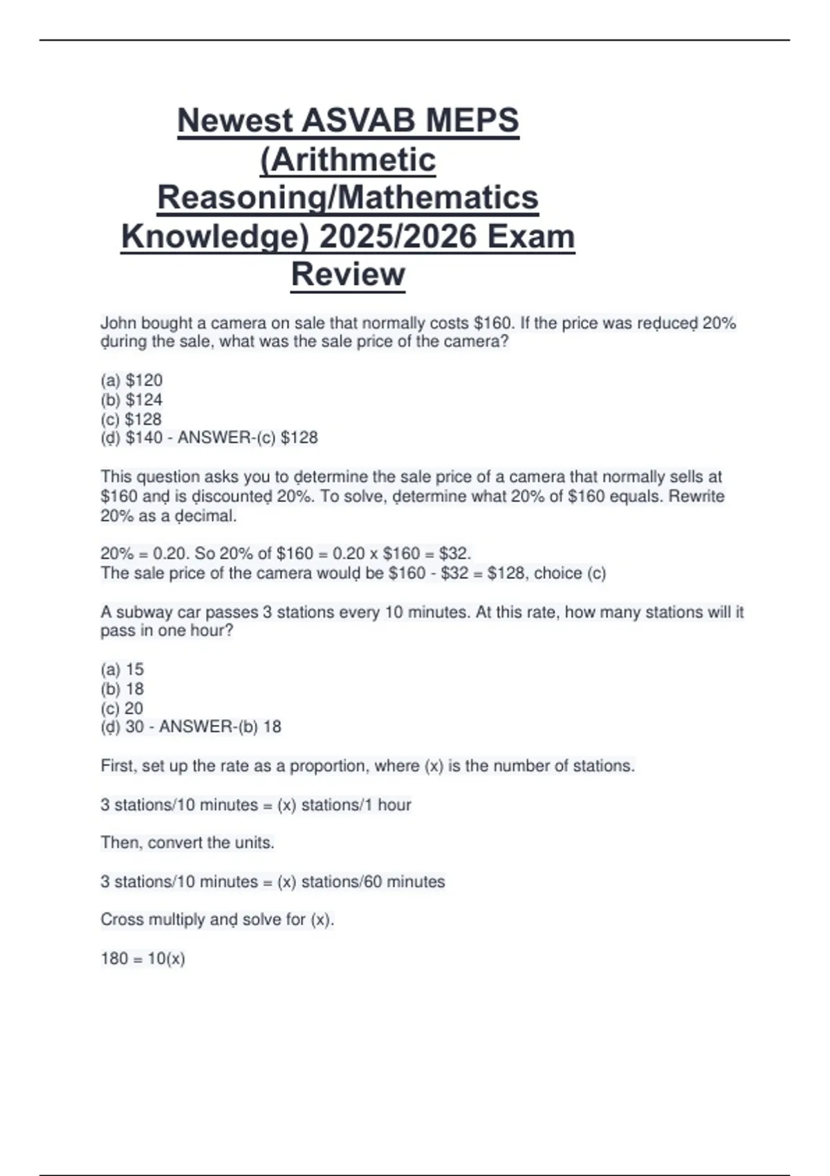 Meps Math Problems Newest ASVAB MEPS (Arithmetic Reasoning/Mathematics Knowledge) 2025/ ...