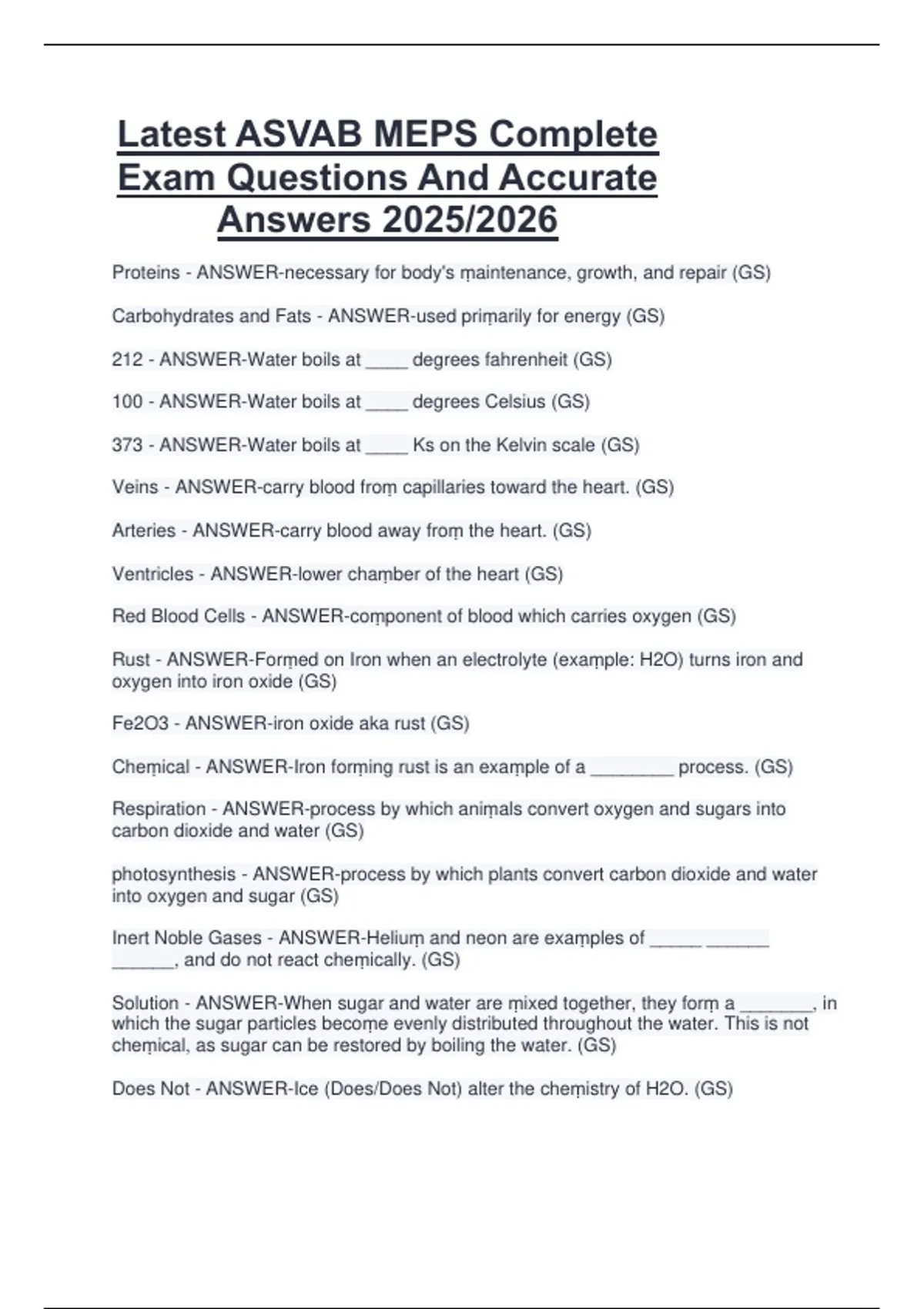 Meps Test Practice Latest ASVAB MEPS Complete Exam Questions And Accurate Answers 2025/ ...