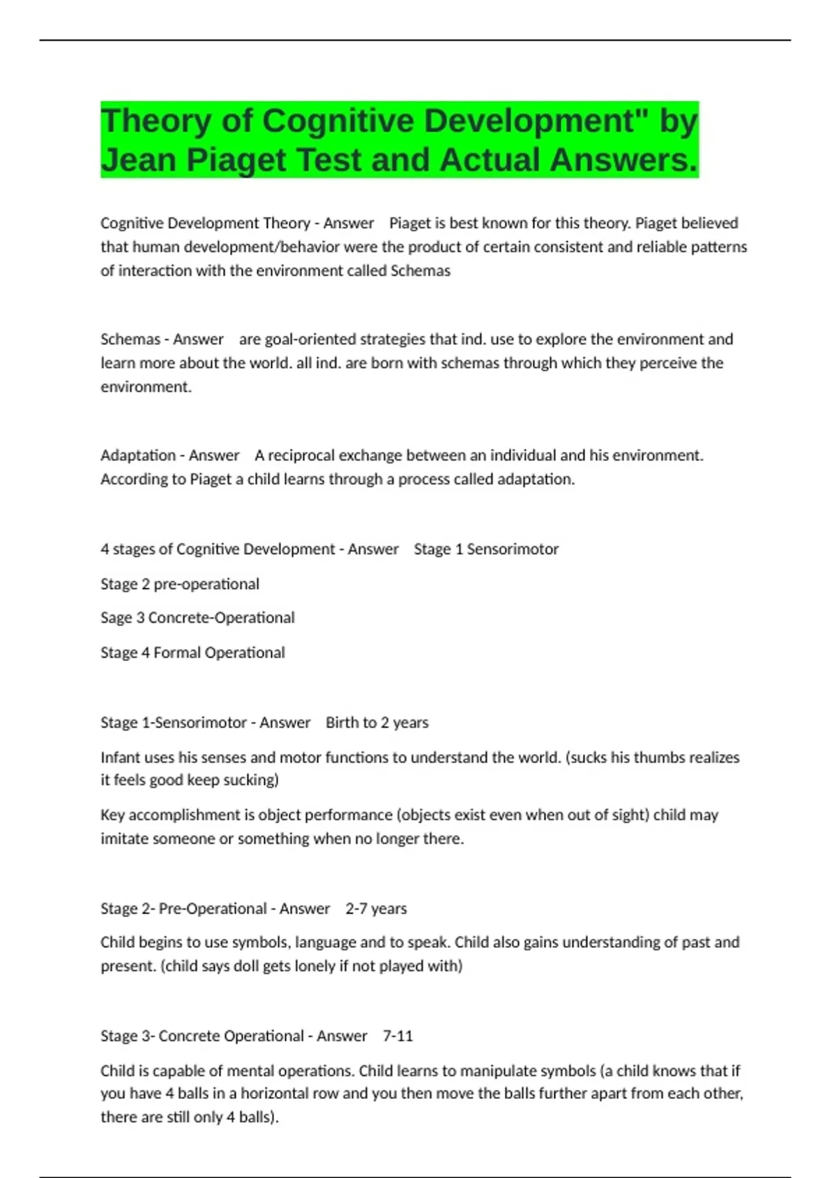 Theory of Cognitive Development" by Jean Piaget Test and Actual Answers ...