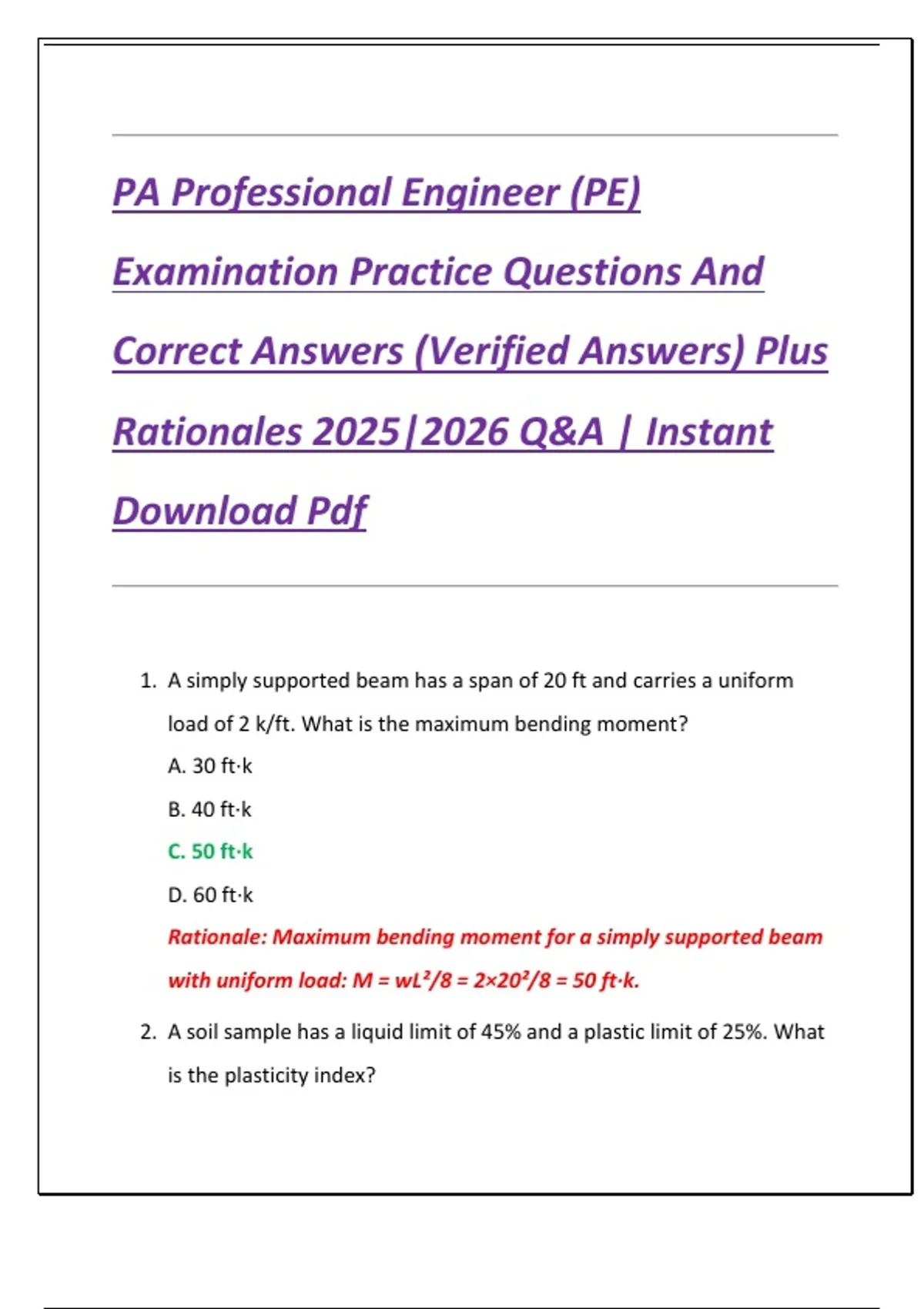 Professional Engineer Questions PA Professional Engineer (PE) Examination Practice Questions And ...